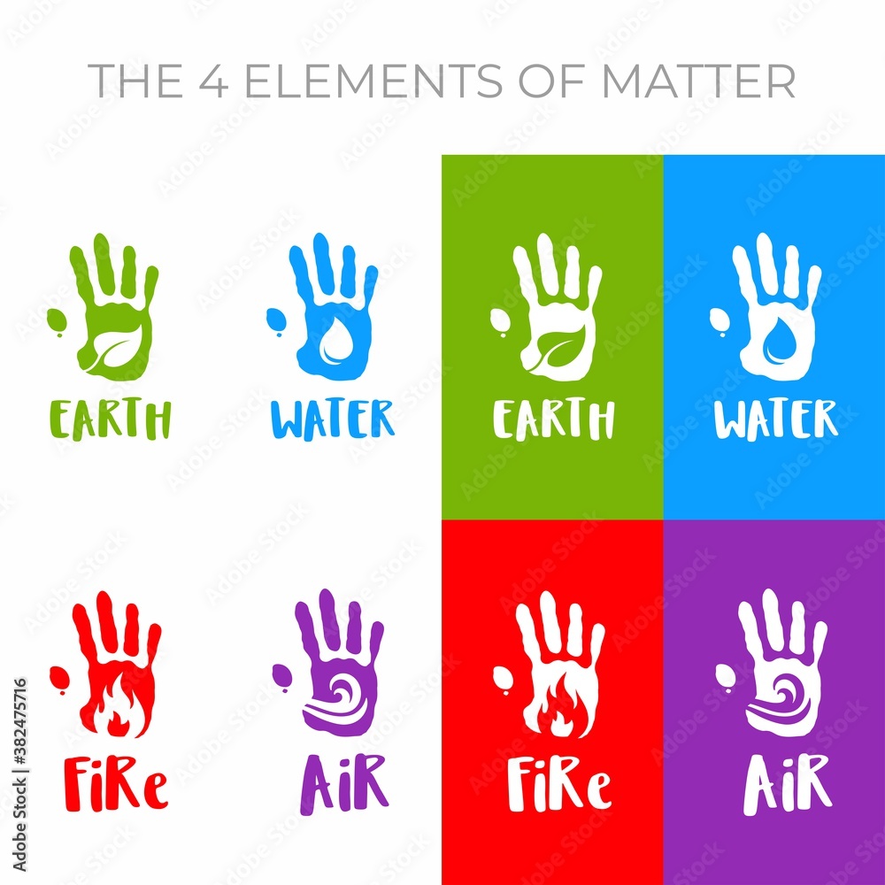 Fototapeta premium The 4 elements of matter symbols set. 4 elements of nature symbols in hand. Earth. Water. Fire. Air.