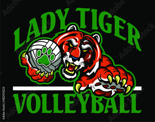 lady tiger volleyball team design with mascot holding ball for school  college or league