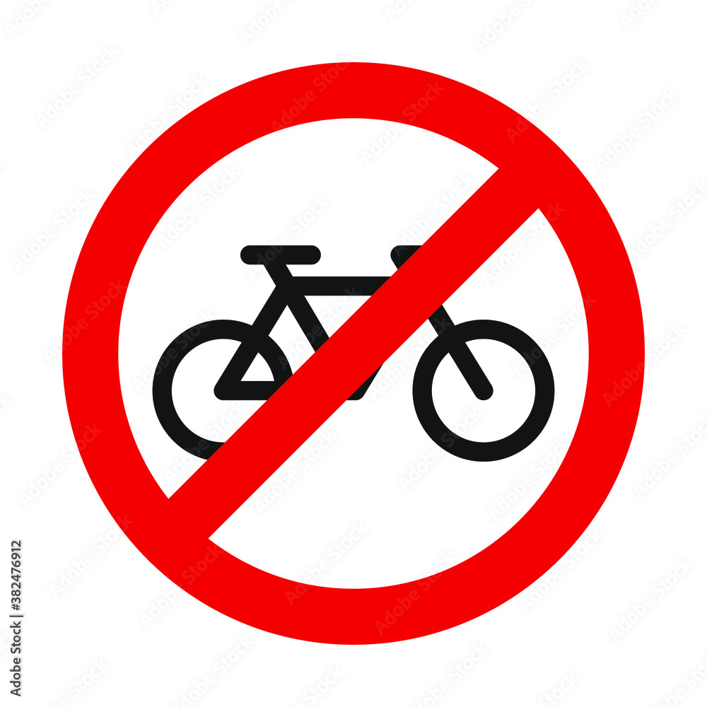Vector icon of a sign of crossed red circle and bike isolated on white background.. Cycling banned symbol. Vector icon of a sign of crossed red circle and bike isolated on white background.. Cycling banned symbol.