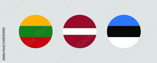 Vector illustration of Baltic countries flags in circle shape on light gray background. Flag symbol of Lithuania, Latvia and Estonia.