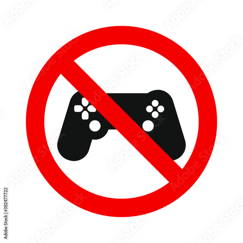 Forbidden gaming icon. Banned joystick sign. Prohibited, banned, attention, restriction crossed red circle. White background.