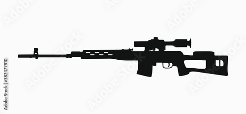 A black vector icon of SVD Dragunov sniper rifle. Weapon silhouette on white background. Russian sniper weapon. photo