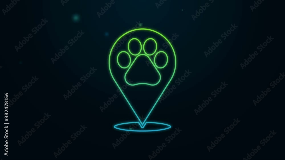Glowing neon line Map pointer with veterinary medicine hospital, clinic or pet shop for animals icon isolated on black background. Vet or veterinarian clinic. 4K Video motion graphic animation