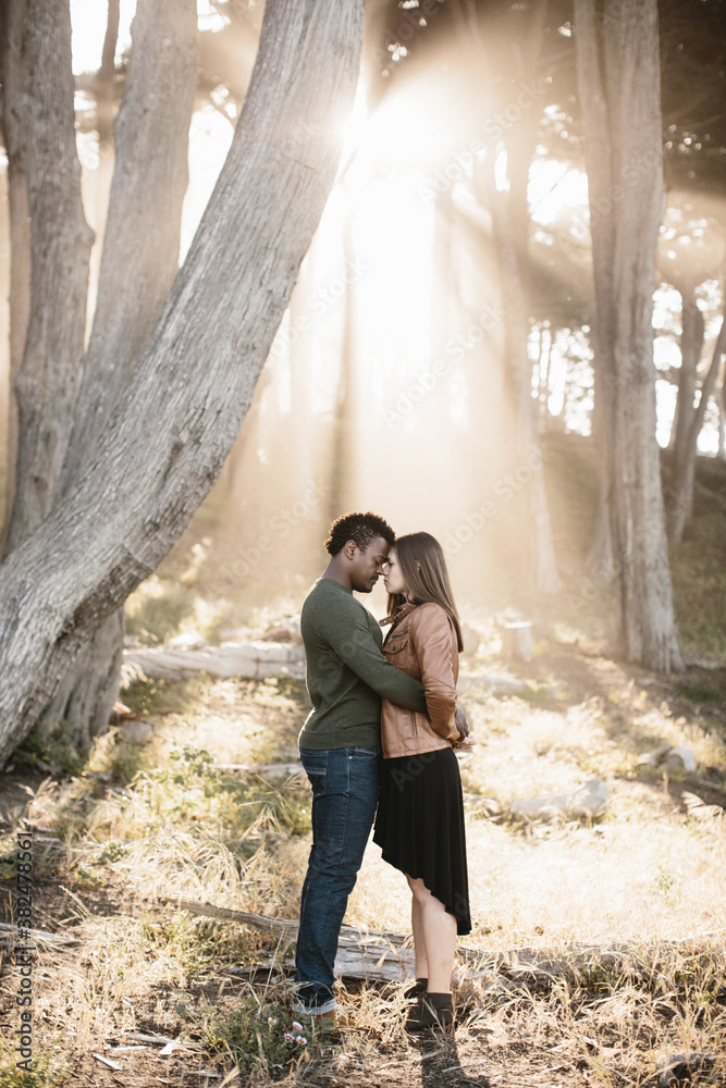 couple standing together in sunlit forest couple standing together in sunlit forest
