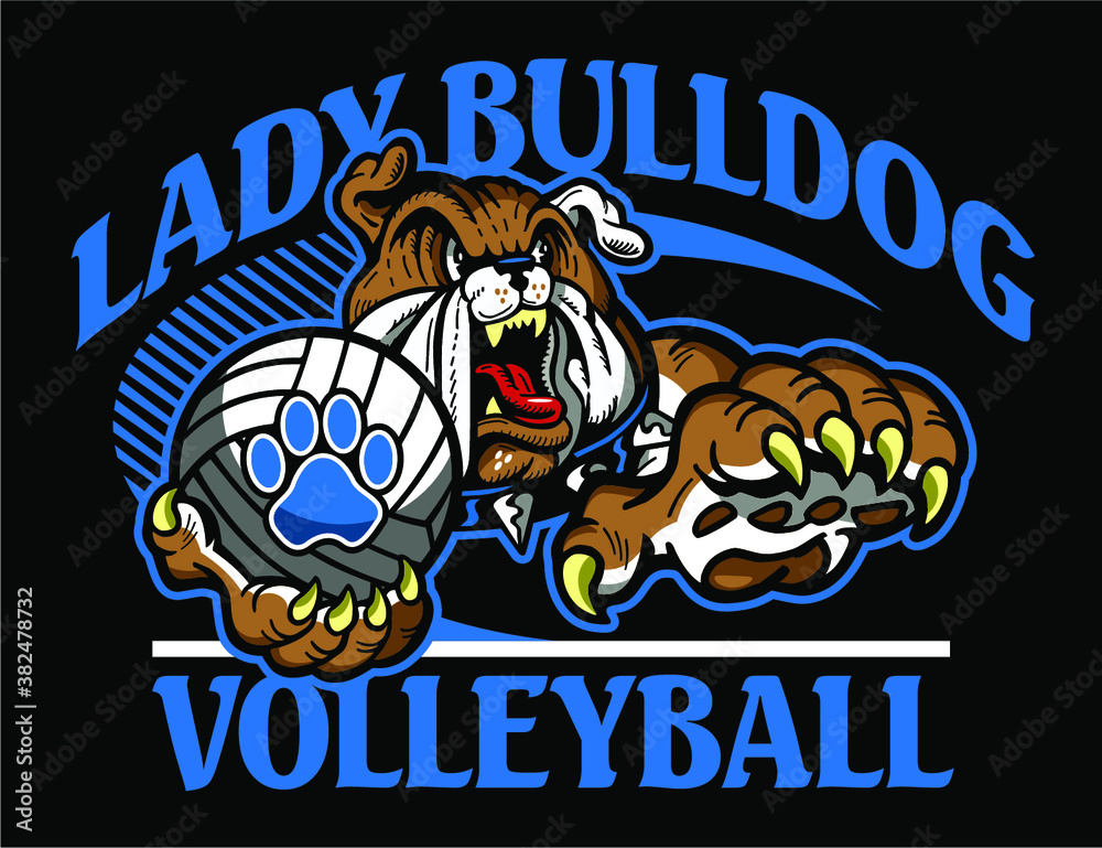 lady bulldog volleyball team design with mascot holding ball for school, college or league