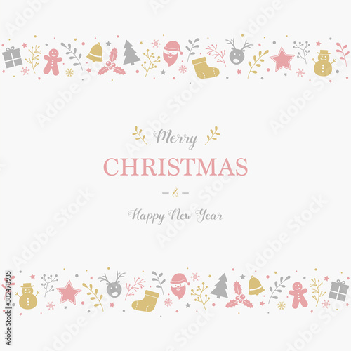 Christmas greeting card with festive decorations. Xmas background with beautiful calligraphy. Vector