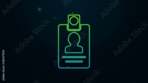 Glowing neon line Identification badge icon isolated on black background. It can be used for presentation, identity of the company, advertising. 4K Video motion graphic animation