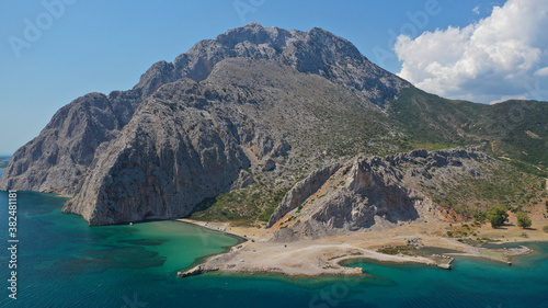 Aerial drone photo of beautiful beach and bay of Limnopoula near seaside village of Kato Vasiliki, Aitoloakarnania prefecture, Greece