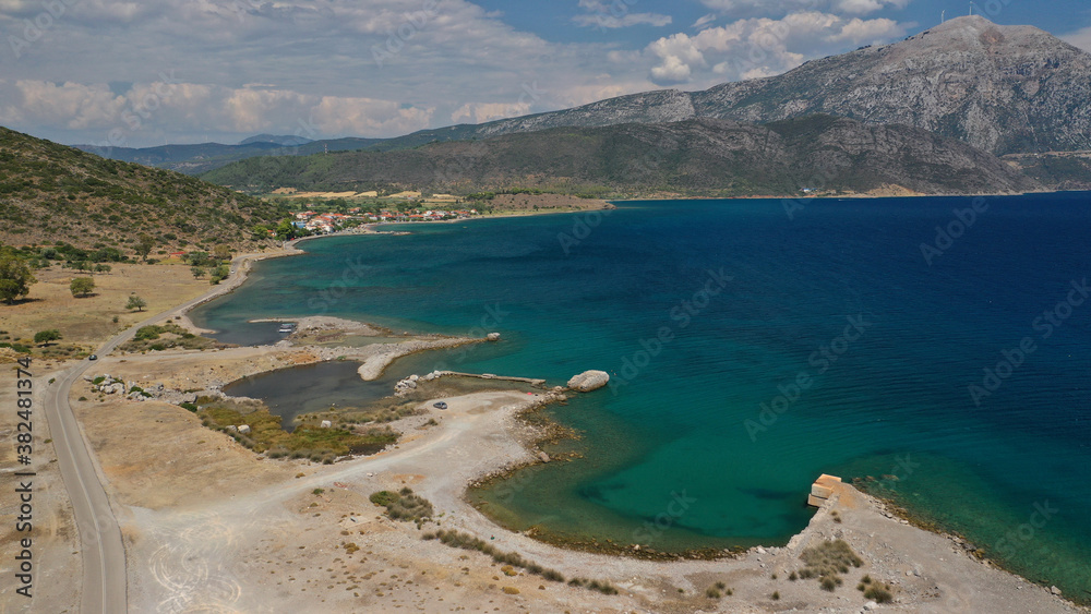 Aerial drone photo of beautiful beach and bay of Limnopoula near seaside village of Kato Vasiliki, Aitoloakarnania prefecture, Greece