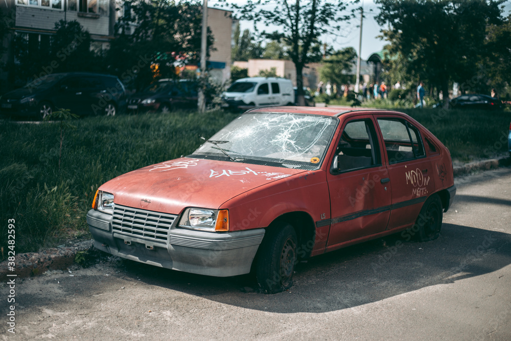 Kyiv, Ukraine 10.01.2020: Old wrecked abandoned car after an accident in the city Kyiv, Ukraine 10.01.2020: Old wrecked abandoned car after an accident in the city