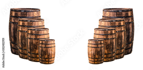 oak barrel design frame, a set of different sizes from small to large dark brown stands on an isolated background