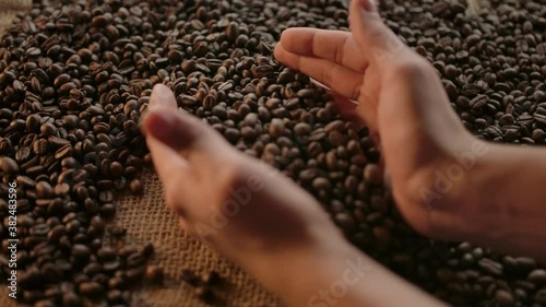 Pleasure of freshly roasted coffee beans. Delight in smell, texture of coffee quality, excellence and appearance. Human hands, dark grains, burlap. Slow motion. Close up