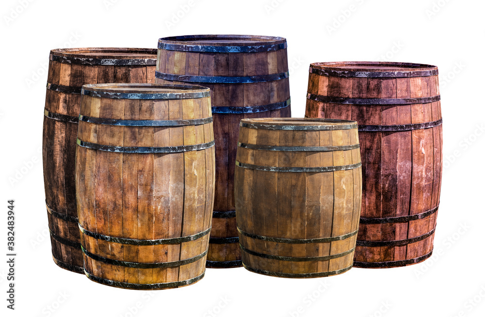 assorted oak barrels of different sizes and colors traditionally used to store wine
