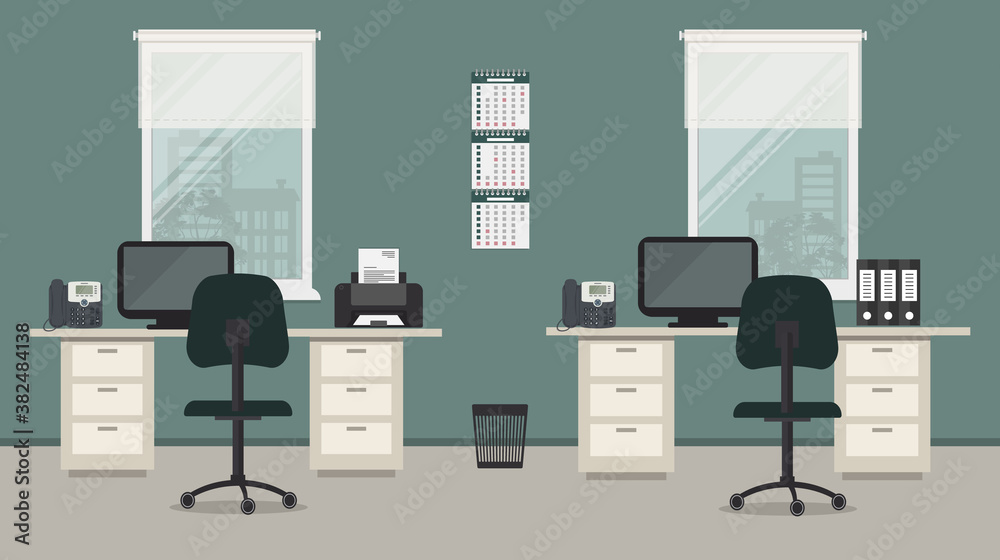 Office room in a green color. Workplace for two office workers with gray furniture on a windows background. There are desks, chairs, phones, a printer, calendar and other objects here. Vector