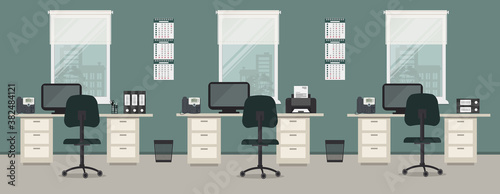Office room in a green color. Workplace for three office workers with gray furniture on a windows background. There are desks, chairs, phones, a printer, calendars and other objects here. Vector