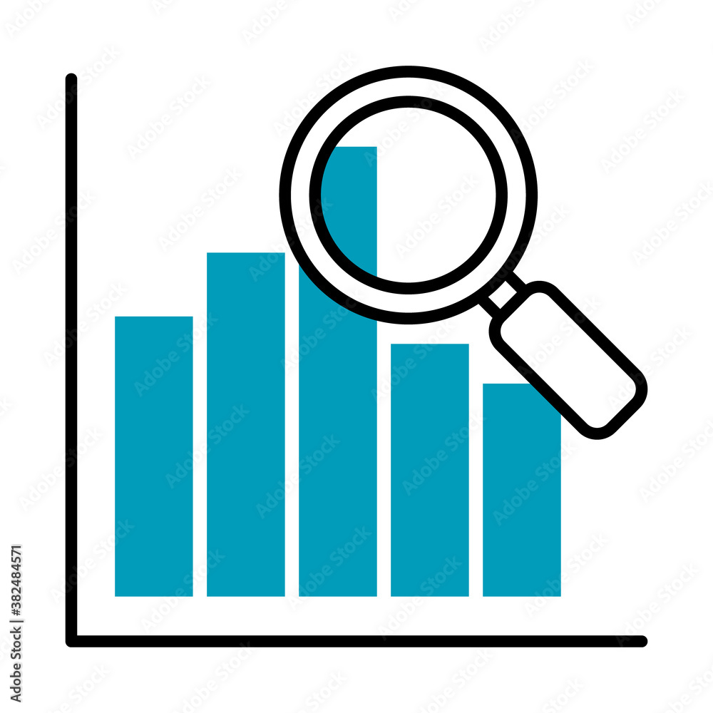 graphic bar chart with magnifying glass icon, half line half color style graphic bar chart with magnifying glass icon, half line half color style