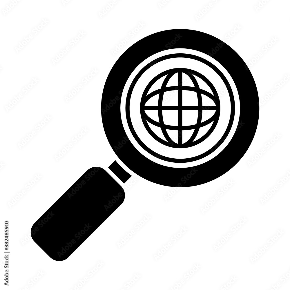 magnifying glass with global sphere icon, silhouette style magnifying glass with global sphere icon, silhouette style