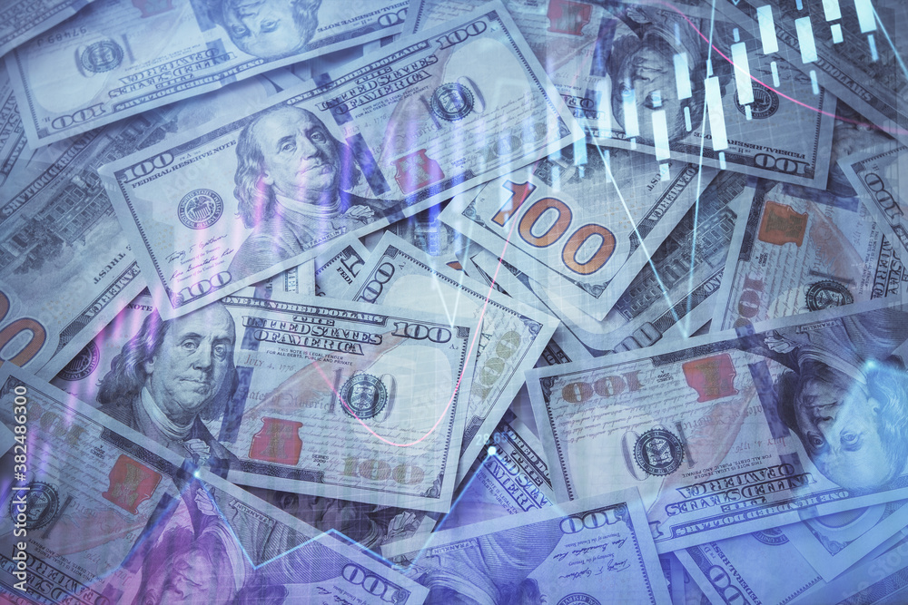 Double exposure of forex graph drawing over us dollars bill background. Concept of financial markets. Double exposure of forex graph drawing over us dollars bill background. Concept of financial markets.
