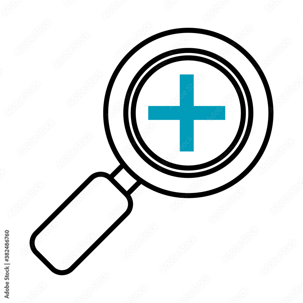 magnifying glass with cross icon, half line half color style magnifying glass with cross icon, half line half color style