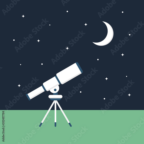 Night Sky Observation Concept. Telescope Looking at Moon and Stars.