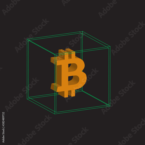 A 3d orange bitcoin symbol inside a wire frame cube.