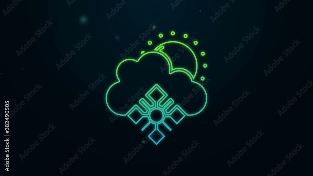 Glowing neon line Cloud with snow and sun icon isolated on black background. Cloud with snowflakes. Single weather icon. Snowing sign. 4K Video motion graphic animation Glowing neon line Cloud with snow and sun icon isolated on black background. Cloud with snowflakes. Single weather icon. Snowing sign. 4K Video motion graphic animation