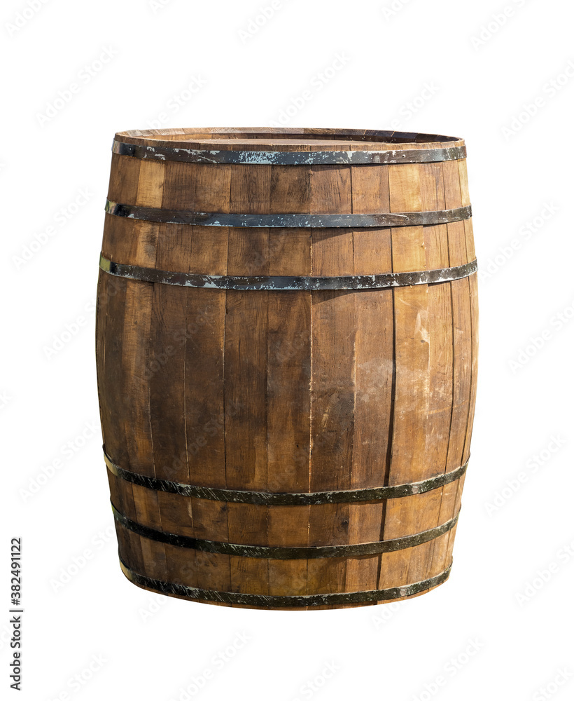 Fototapeta premium vertical brown oak barrel with iron black rings hoops