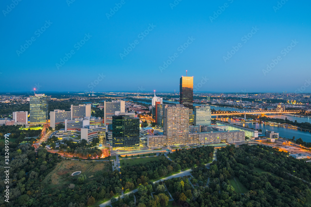 Vienna (Wien), Austria - Evening Panorama of Skyscrapers near the Danube River Vienna (Wien), Austria - Evening Panorama of Skyscrapers near the Danube River