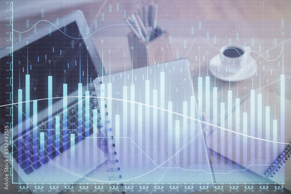 Double exposure of businesswoman hands typing on computer and forex chart hologram drawing. Financial analysis concept. Double exposure of businesswoman hands typing on computer and forex chart hologram drawing. Financial analysis concept.