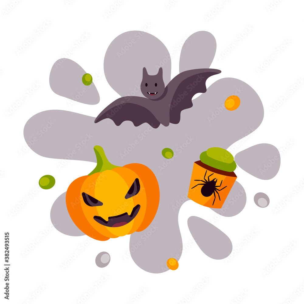 Colorful Halloween design with a bat, pumpkin and cupcake. Vector illustration