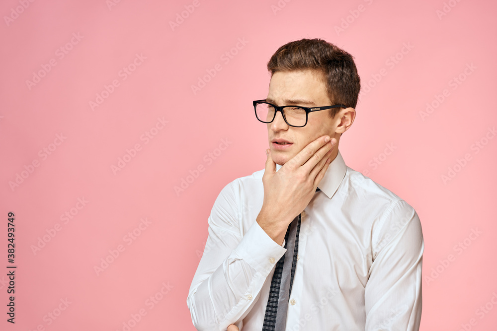 Business man in white shirt with tie wearing glasses self-confidence official pink background Business man in white shirt with tie wearing glasses self-confidence official pink background