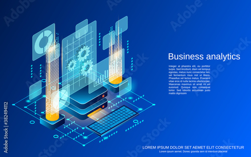 Business statistics, financial analysis, management flat 3d isometric vector concept illustration