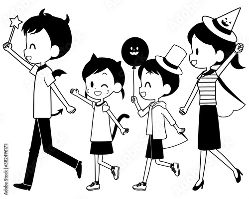 A family who looks happy wearing Halloween costumes