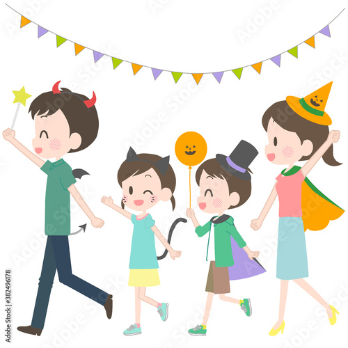 A family who looks happy wearing Halloween costumes