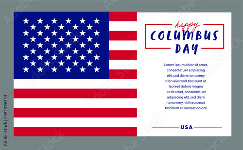 USA Columbus Day greeting card in United States national flag colors and hand lettering text Happy Columbus Day. Vector illustration.