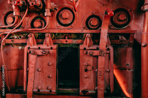 Old steam locomotive cabine inside photo