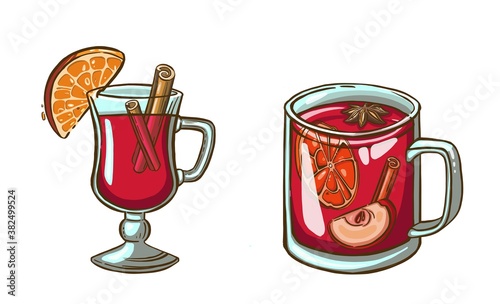 Christmas mulled wine. Hand painted wine glass, cinnamon, gingerbread and fir branch isolated on white background. Winter illustration for design, print, fabric. 