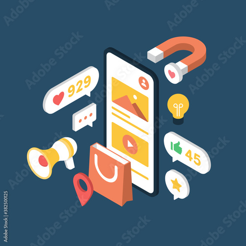 Social Media Marketing Concept in Isometric. Create Social Media Marketing Strategy.