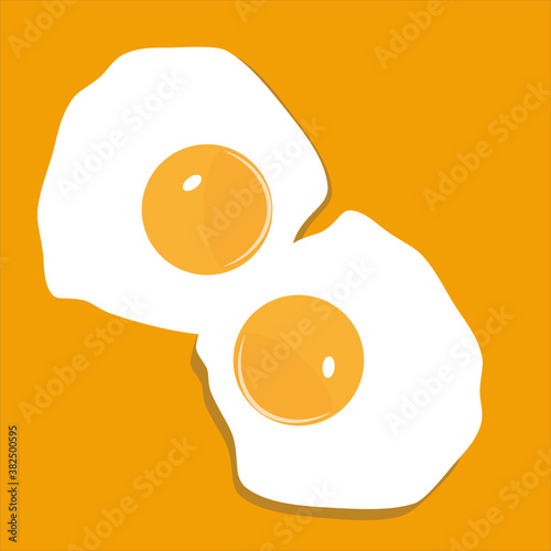 Two Fried eggs flat vector illustration isolated on yellow background with copy space