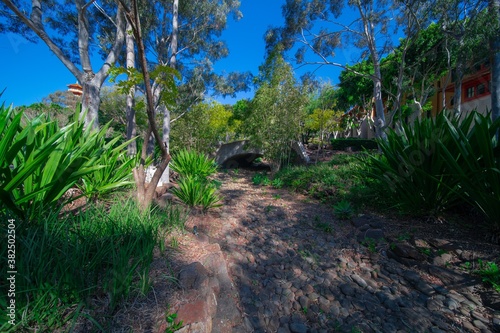 Beautifully vibrant colourful and Landscaped Gardens in a Buddhist temple in Wollongong NSW Australia photo