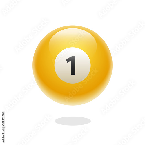 Yellow billiard ball with number one. Realistic yellow sphere. Vector 3d illustration. Glossy shiny ball with number 1. Shiny ball with number for billiard pool games. One yellow ball.