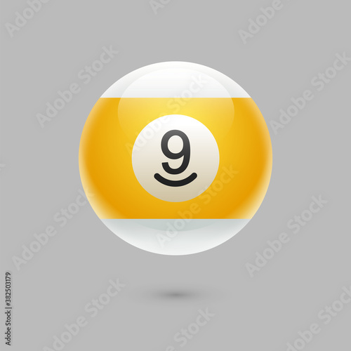Yellow billiard ball with number nine. Realistic yellow sphere. Vector 3d illustration. Glossy shiny ball with number 9. Shiny ball with number for billiard pool games. One yellow ball. Billiard sport