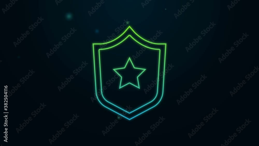 Glowing neon line Police badge icon isolated on black background. Sheriff badge sign. Shield with star symbol. 4K Video motion graphic animation Glowing neon line Police badge icon isolated on black background. Sheriff badge sign. Shield with star symbol. 4K Video motion graphic animation