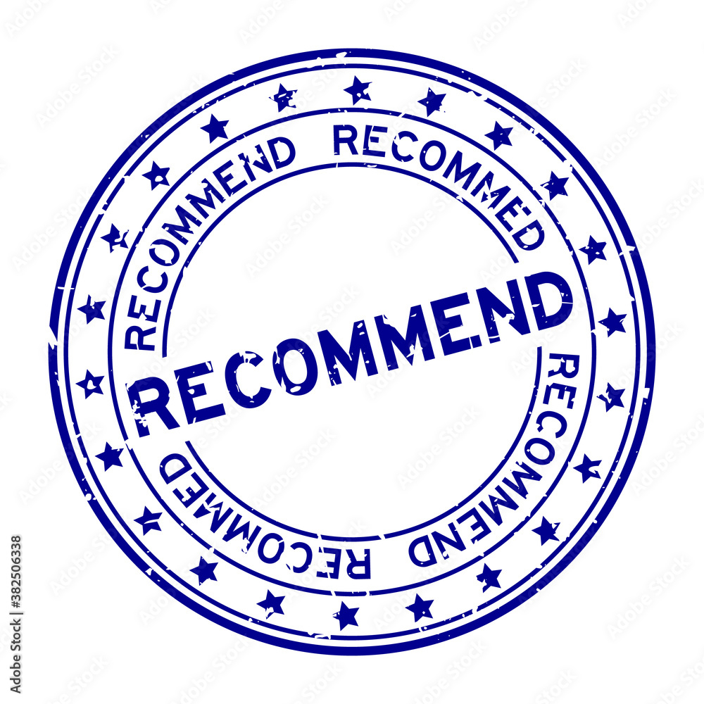 Grunge blue recommend word with star icon round rubber seal stamp on white background Grunge blue recommend word with star icon round rubber seal stamp on white background