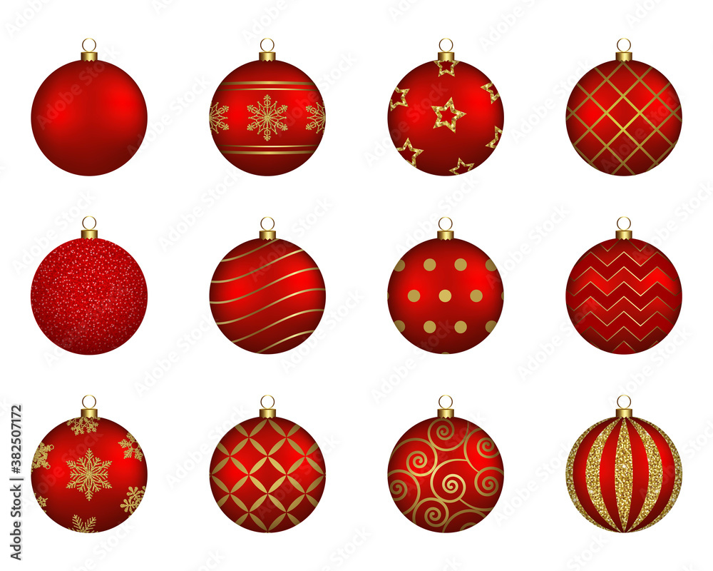 set of isolated red and gold christmas balls set of isolated red and gold christmas balls