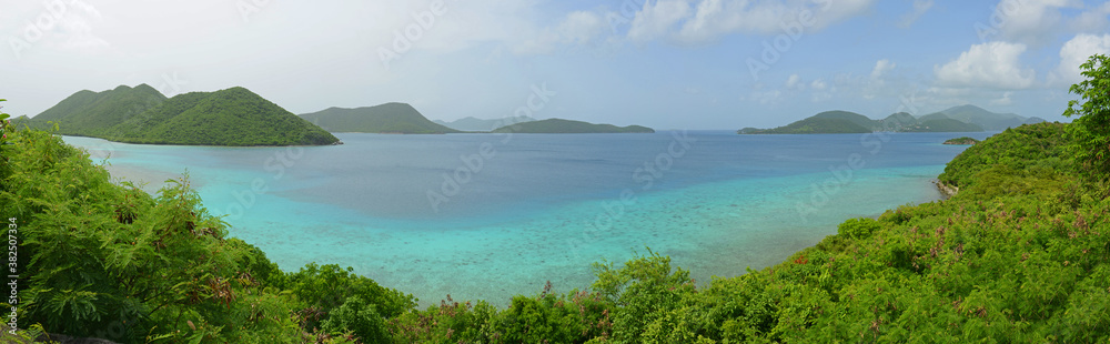 Aerial view of British Virgin Islands and Leinster Bay panorama, from Virgin Island National Park in US Virgin Islands, USA.