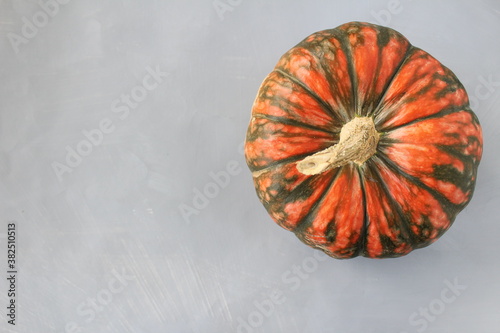 Orange pumpkin on a gray table with copy space for text or picture. Aer creative autumn background