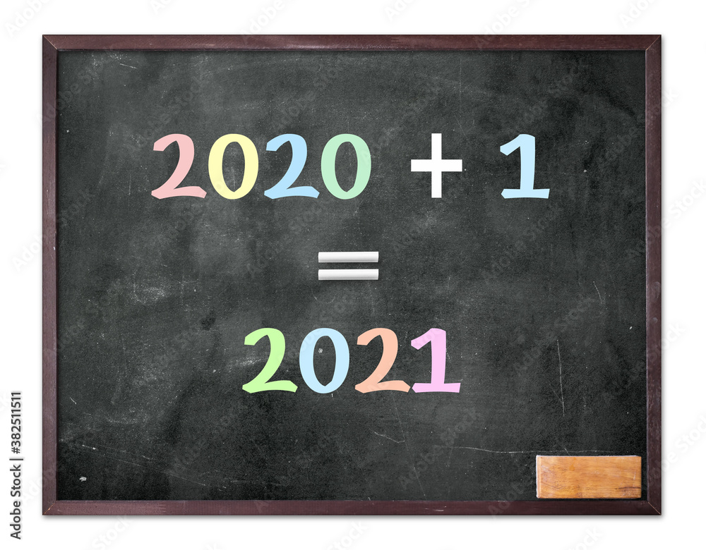 Fototapeta premium 2020 -2021 change represents the new year 2021. Blackboard display 2020 + 1 = 2021