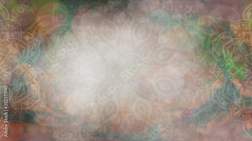 Earthy, organic, warm brown, orange and green watercolour background with mandalas