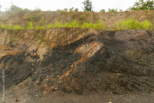 Tropical sedimentary roadcut outcrop. Geological fault cut between black shale and brown silty shale photo